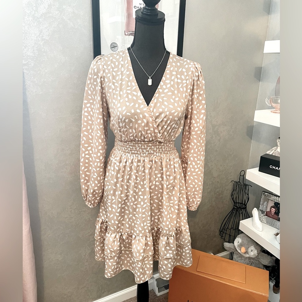 Tan & White Print Dress